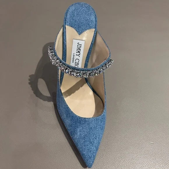 Jimmy Choo Bing 100 Crystal Embellished Strap Denim Mule Heels - Picture 3 of 6